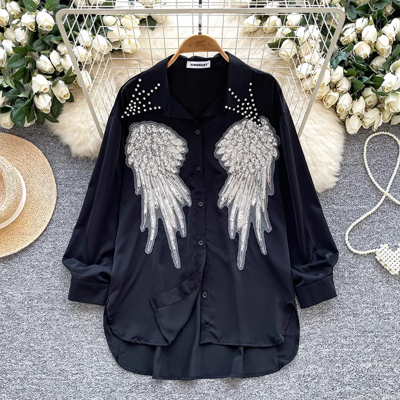 

High-End Heavy-Duty Rhinestone Polo Collar Long Sleeve Shirt For Women Loose Slimming Casual Sequin Embroidery Single-Breasted
