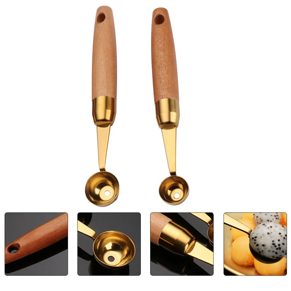 

2Pcs Wooden Handle Fruit Ball Spoon Practical Rustproof Kitchen Tools for Melon Watermelon Cantaloupe Fruit Digging