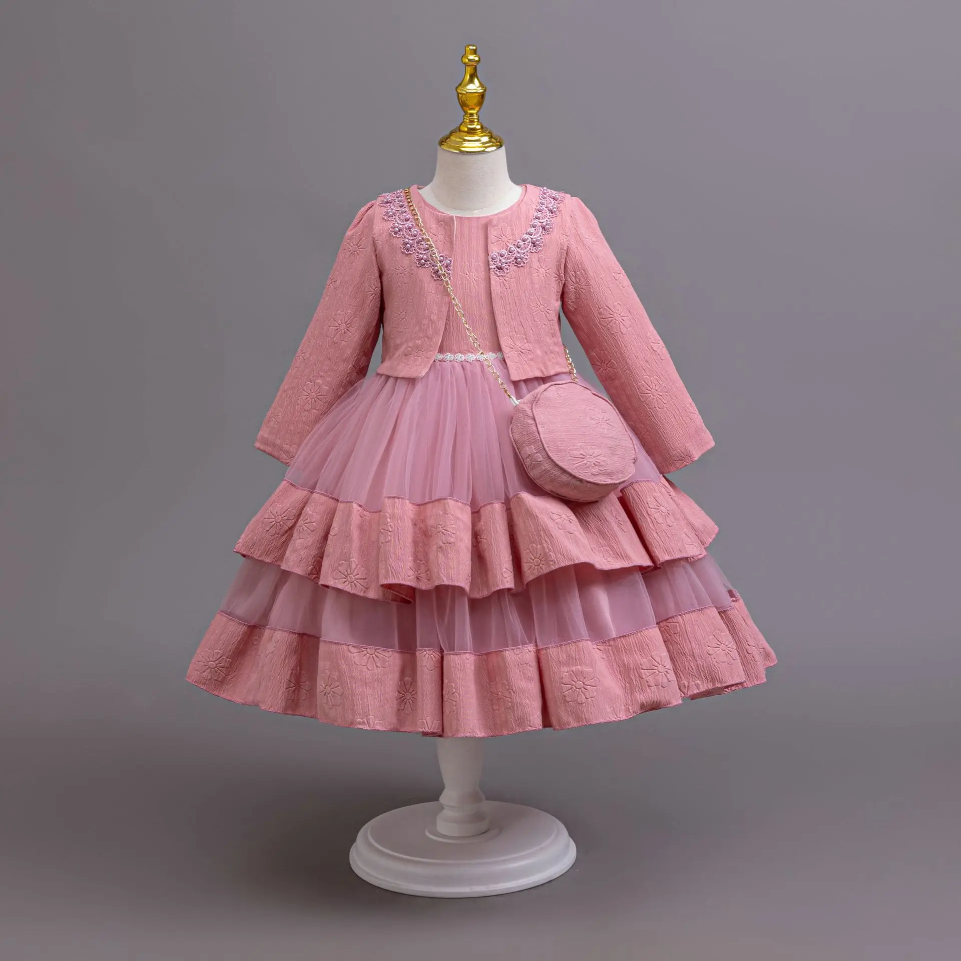 

Элегантное платье для девочек, осенне-зимнее пальто с длинными рукавами + платье + сумка, комплекты из 3 предметов, новогоднее платье для девочек, праздничное платье на день рождения