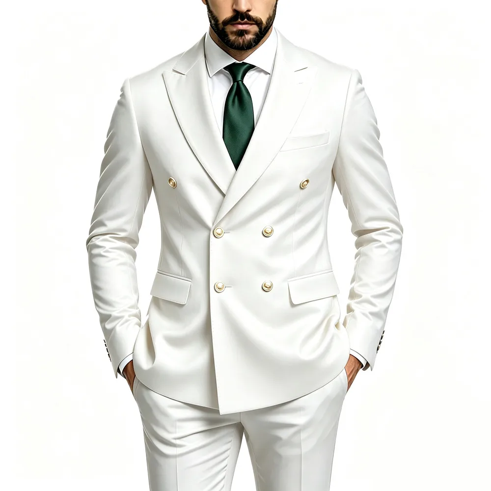Men's Peak Lapel Double Breasted Golden Button Flap Pocket Business Commute Suit Men Trending Luxury Formal Slim Fit Groom Suit
