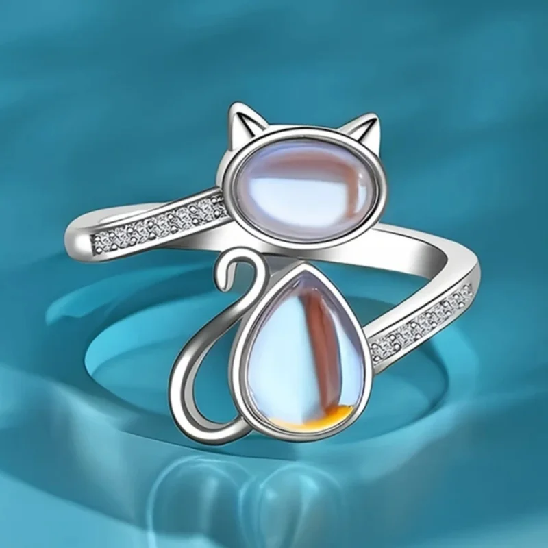 Huitan Active Cat Design Opening Rings with Imitation Opal Lovely Modern Stylish Party Jewelry Sweet Women Finger Accessories
