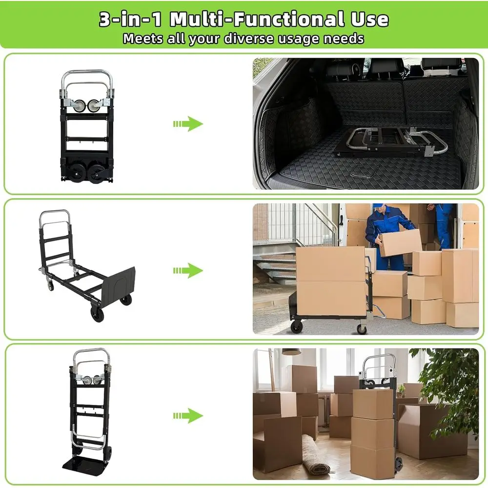 Carrinho utilitário dobrável 3 em 1, carga de 600 libras, carrinho dobrável durável com alça telescópica e 4 rodas de borracha para casa, fora