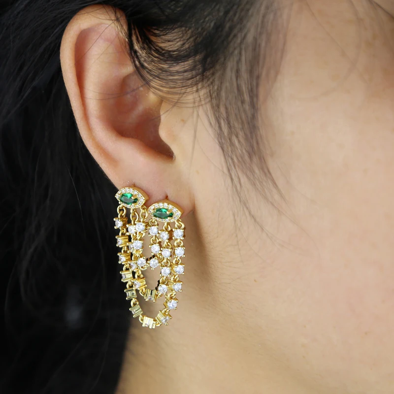 Brincos cz borla duplo piercing para mulheres, mau olhado, dois parafusos, joias femininas elegantes, na moda, verde