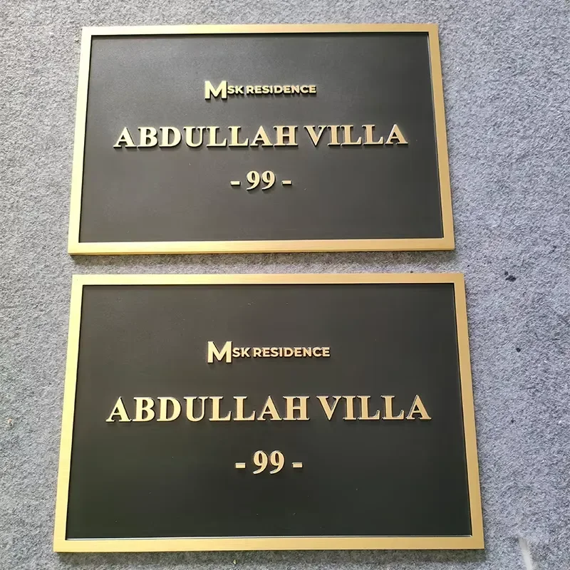 Premium Heavy Gauge Solid Brass Custom Villa Address Plaque Embossed logo Mansion Door Metal Plate Brass Plaque