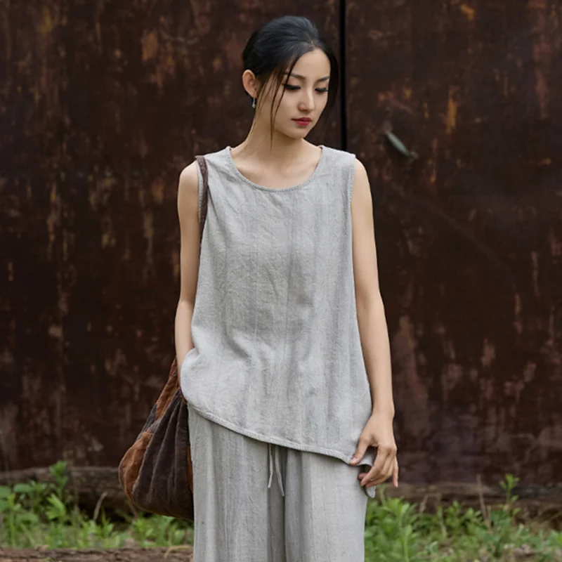 

Sleeveless T-shirts Vintage Clothes Blouses and Shirts Oversized T-shirt Women Clothes Women's Blouse Cotton and Ramie