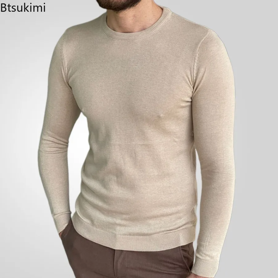 Suéteres finos de punto para hombre, Tops de fondo de cuello redondo a la moda, prendas de punto de manga larga informales delgadas, camisetas de primavera, nuevo