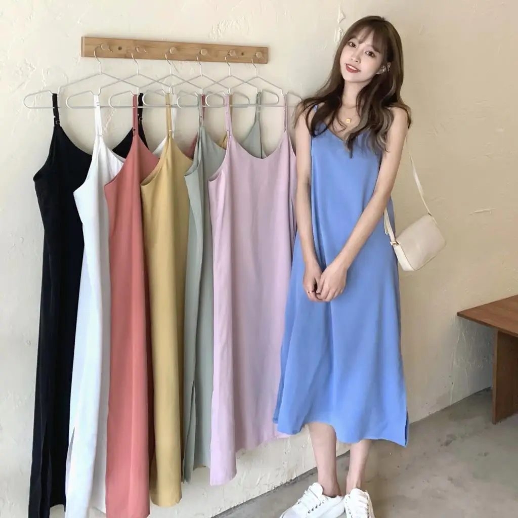 

Sleeveless Suspender Long Dress Women 2021 Summer Sexy Soft Casual Loose Bottoming Base Split Long Dress Holiday Nightdress