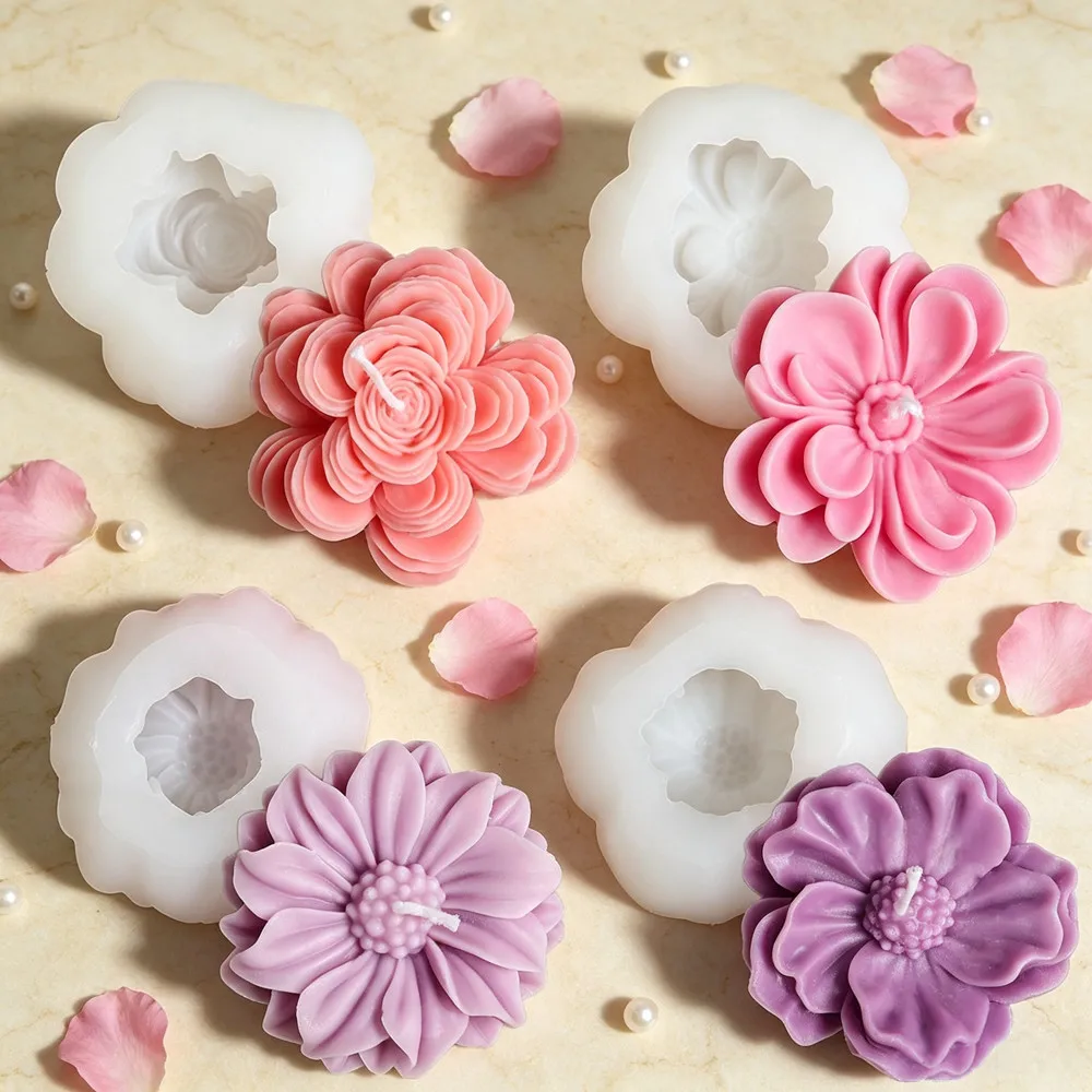 3D-Blumen-Silikon-Kerzenform, Realistische Rosen-, Gänseblümchen-, Kamelien- und Rosencluster-Form für Kerzenherstellung, DIY-Kerzen-, Seifen-, Harz- und Gipsform