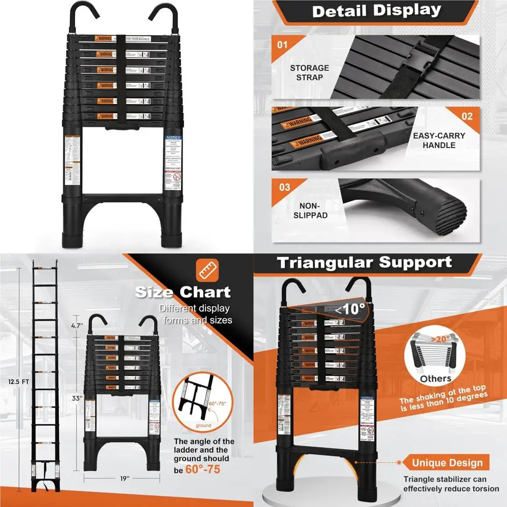Aluminum Lightweight 12.5FT Telescoping Extension Ladder with 330lbs Capacity and 2 Triangle Stabilizers for Heavy-Duty Use