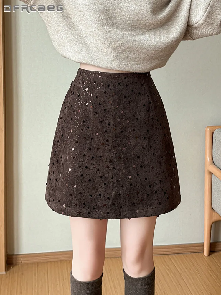 Autumn Winter Faux Suede Women Short Skirt With Sequin Embroidered High Waisted Casual Retro Mini Skirts Lady