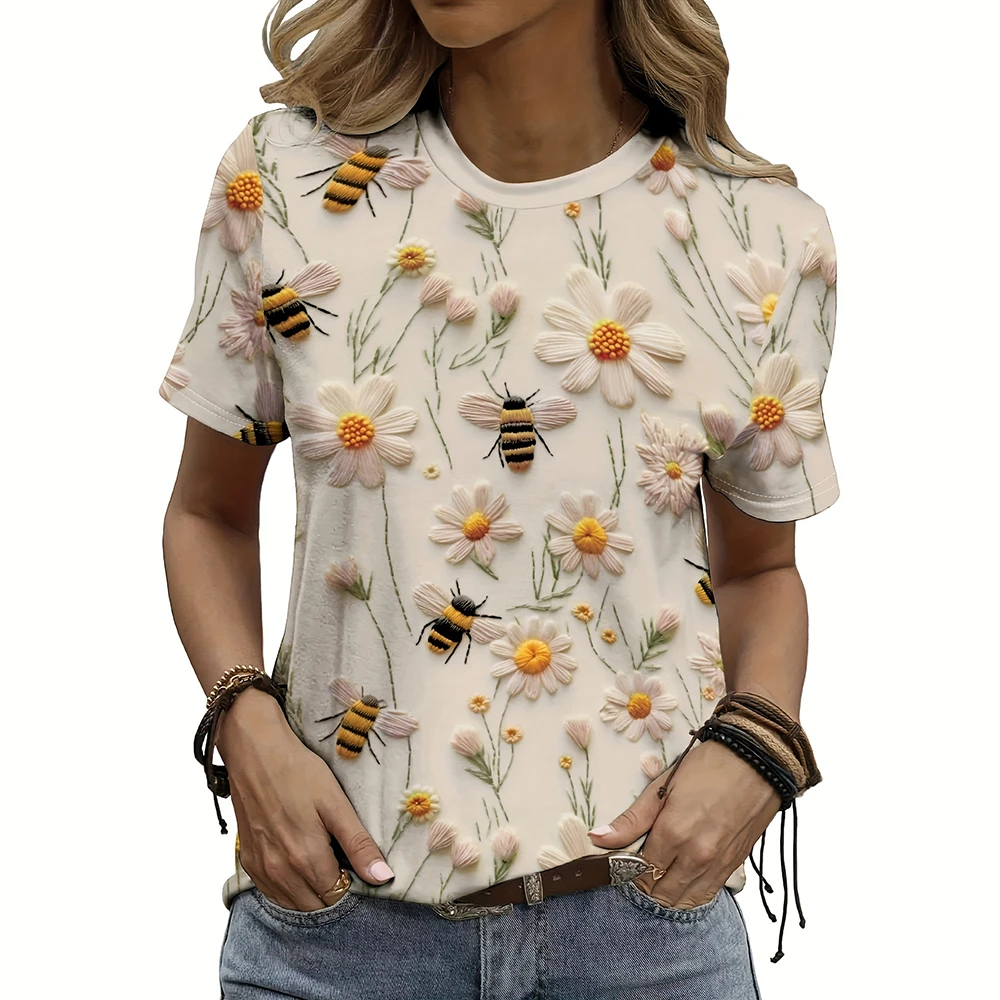 

Bee And Flower Print Women's T-shirts Summer New Short Sleeves T shirt 2024 Fashion O-neck Women Clothing Tops Loose Pullover