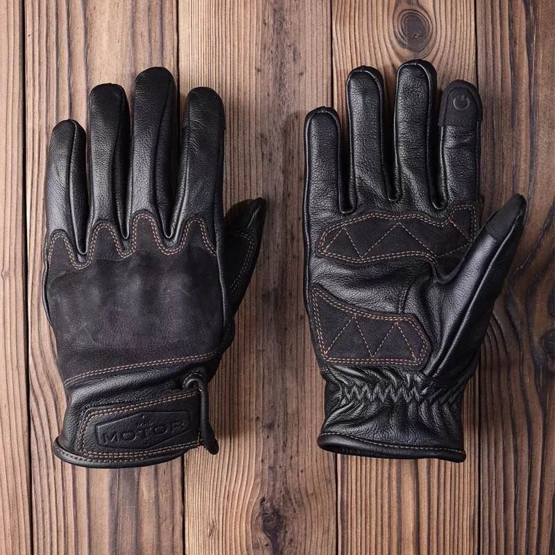 Guantes de moto retro para hombre, guantes de motociclista de cuero, guantes de piel de vaca, antideslizantes, pantalla táctil, resistentes al