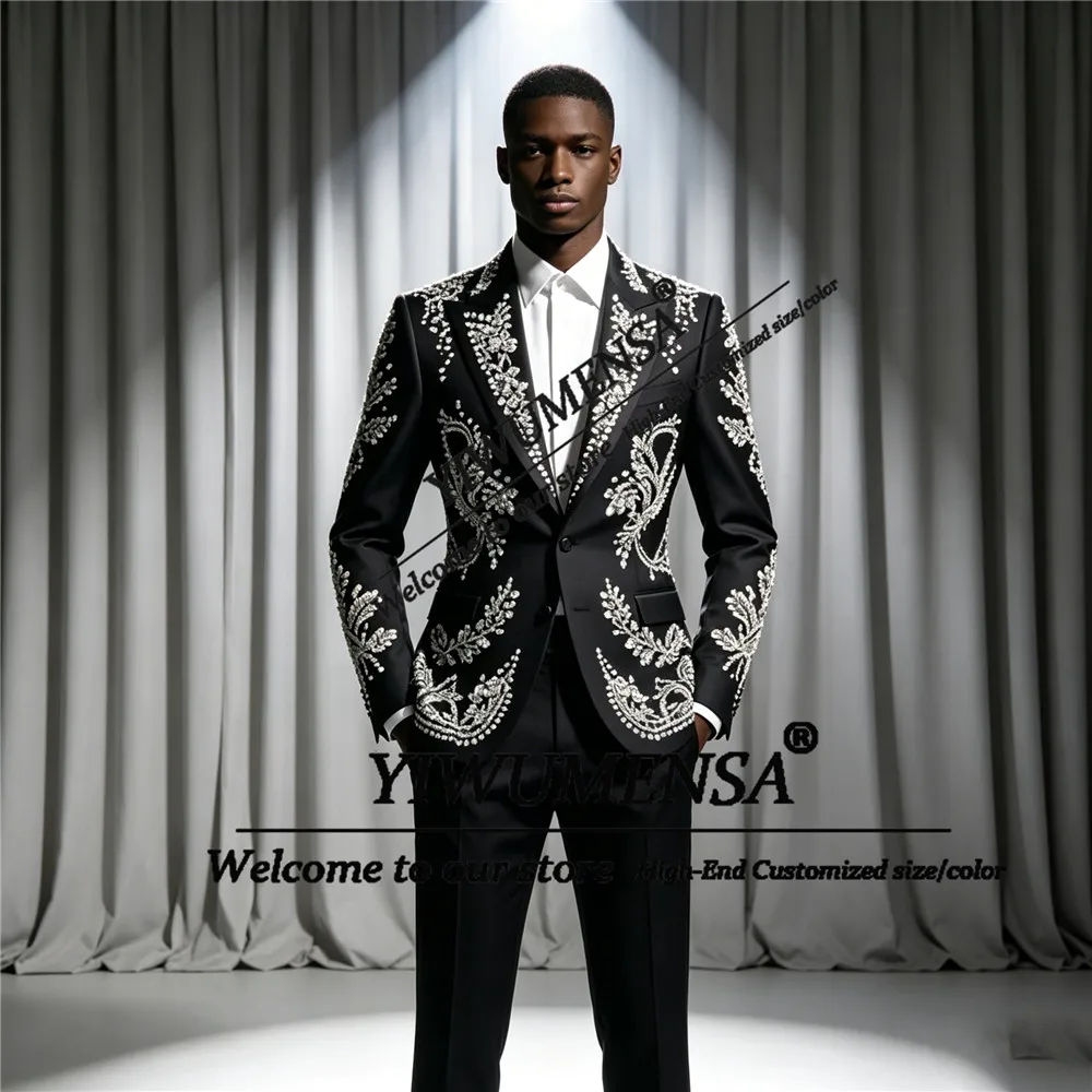 Costumes de mariage modernes pour hommes, veste et pantalon avec perles en cristal, ensembles 2 pièc