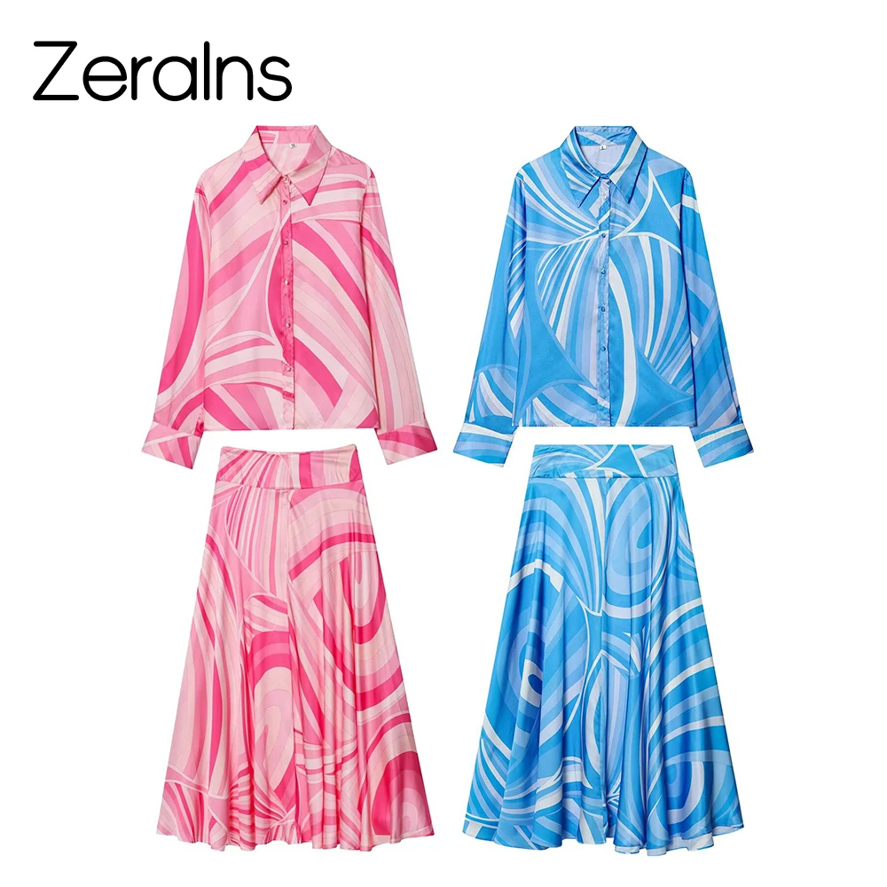ZERAINS Damenbekleidung im europäischen und amerikanischen Stil, neues modisches bedrucktes, elegantes Hemd-Rock-Set.