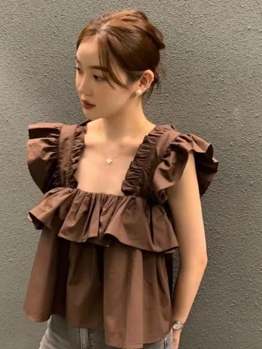 

Ele Summer Loose Women's irt Square Collar Fly Sve Splice Design Pure Color Commute Sle Top Fem Faion
