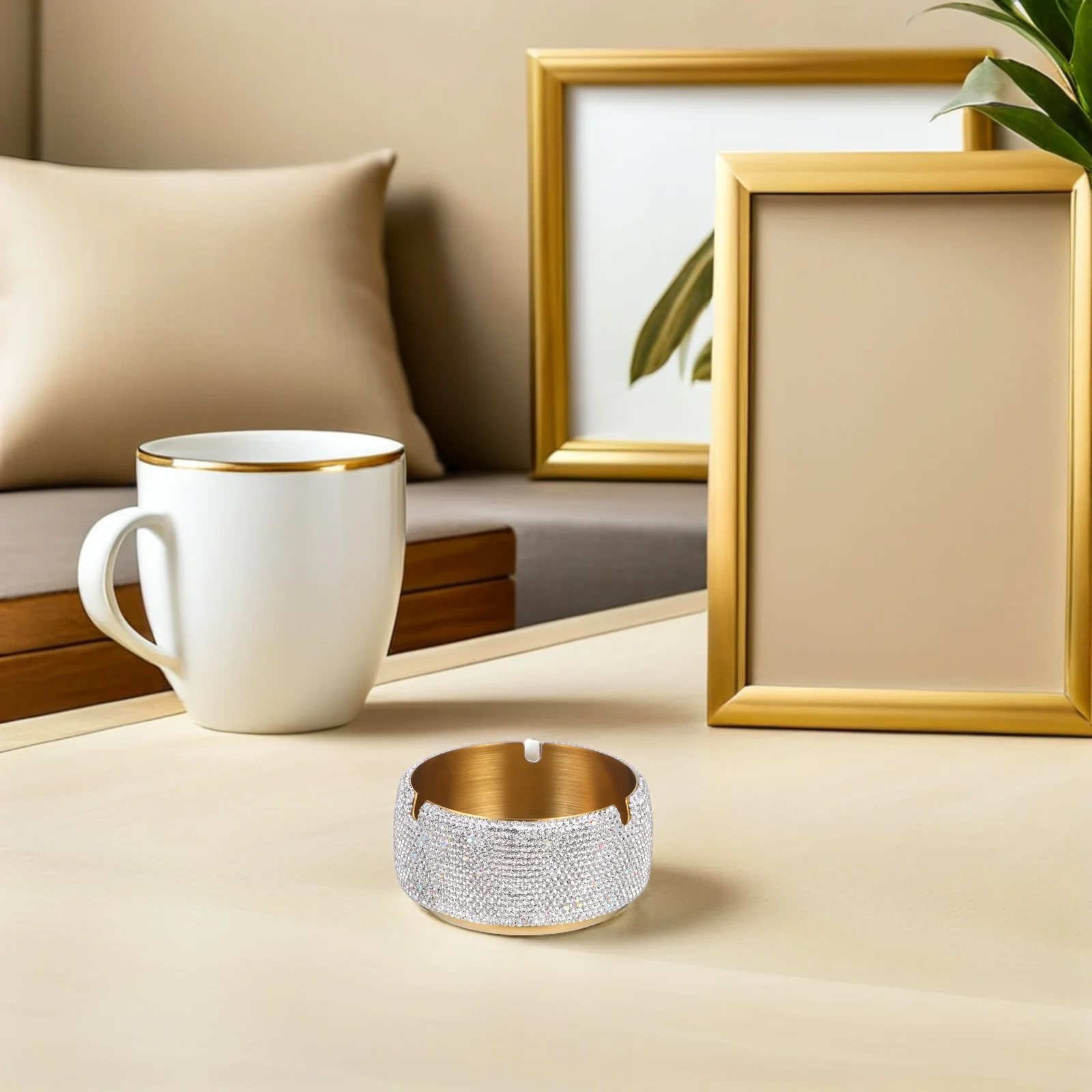 

Stainless Steel Ashtray With Rhinestones Windproof Desktop Smoke Tray For Home Office Indoor Outdoor Use, Bling Cigarette