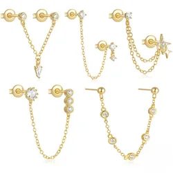 Trendy Star Charms Cubic Zircons Hanging Tassel Link Chain Cartilage Stud Earrings for Women Double Piercing Drop Ear Jewelry