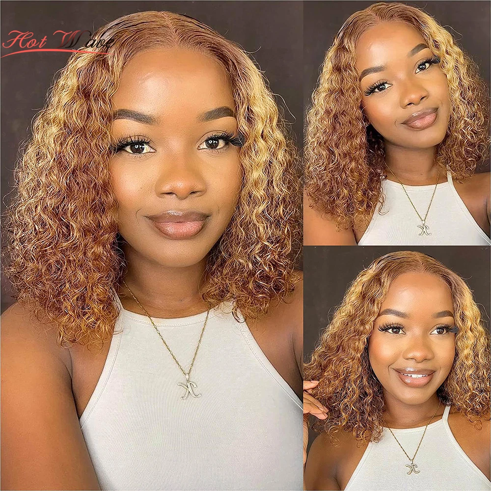 

Wear and Go Glueless Wigs Human Hair Pre Plucked Precut, P4/27 Highlight Ombre Honey Blonde Curly Bob, 6X4 Lace Glueless Wigs