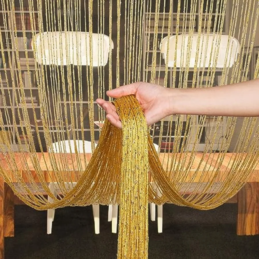 

118 x 100 Inch Gold String Curtains for Doorways - Glitter Fringe Panels Beaded Curtain Room Divider for Dining Closet Doors Li
