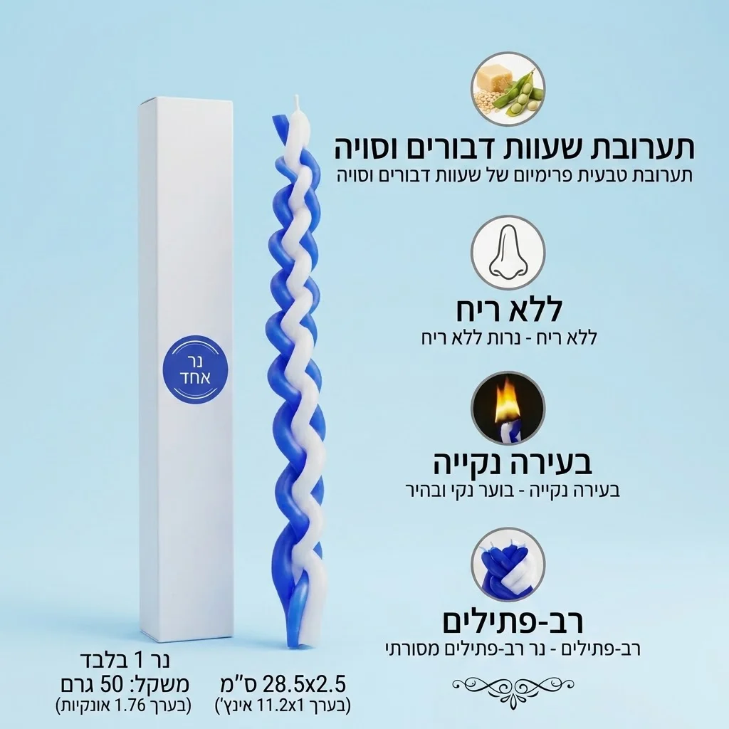 1PACK White and Blue Braided Candle Havdalah Candle Lighting Shabbat Candles Handcrafted Candles Judaica Gift