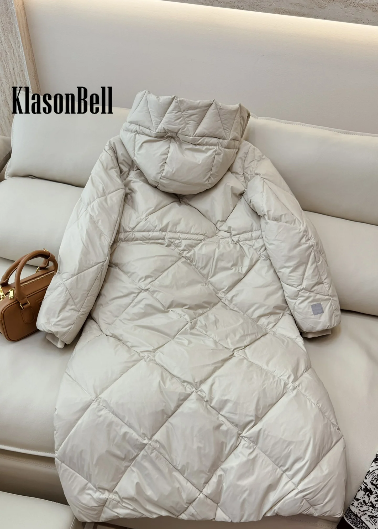 8.31 KlasonBell Women Quilted Argyle Plaid Hooded Goose Down Long Outerwear Drawstring Collect Waist Keep Warm Down Coat