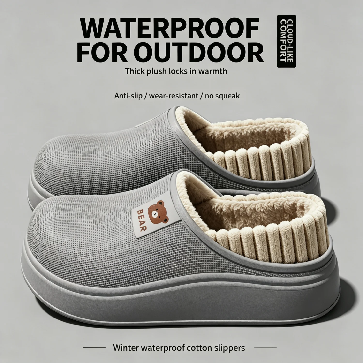 Wasserdichte Winter-Hausschuhe für Damen und Herren, 4 cm dicke Sohle, flauschig warm, für den Innenbereich, rutschfest, mit Fell gefüttert, weiche, gepolsterte Clogs. – Detail 5