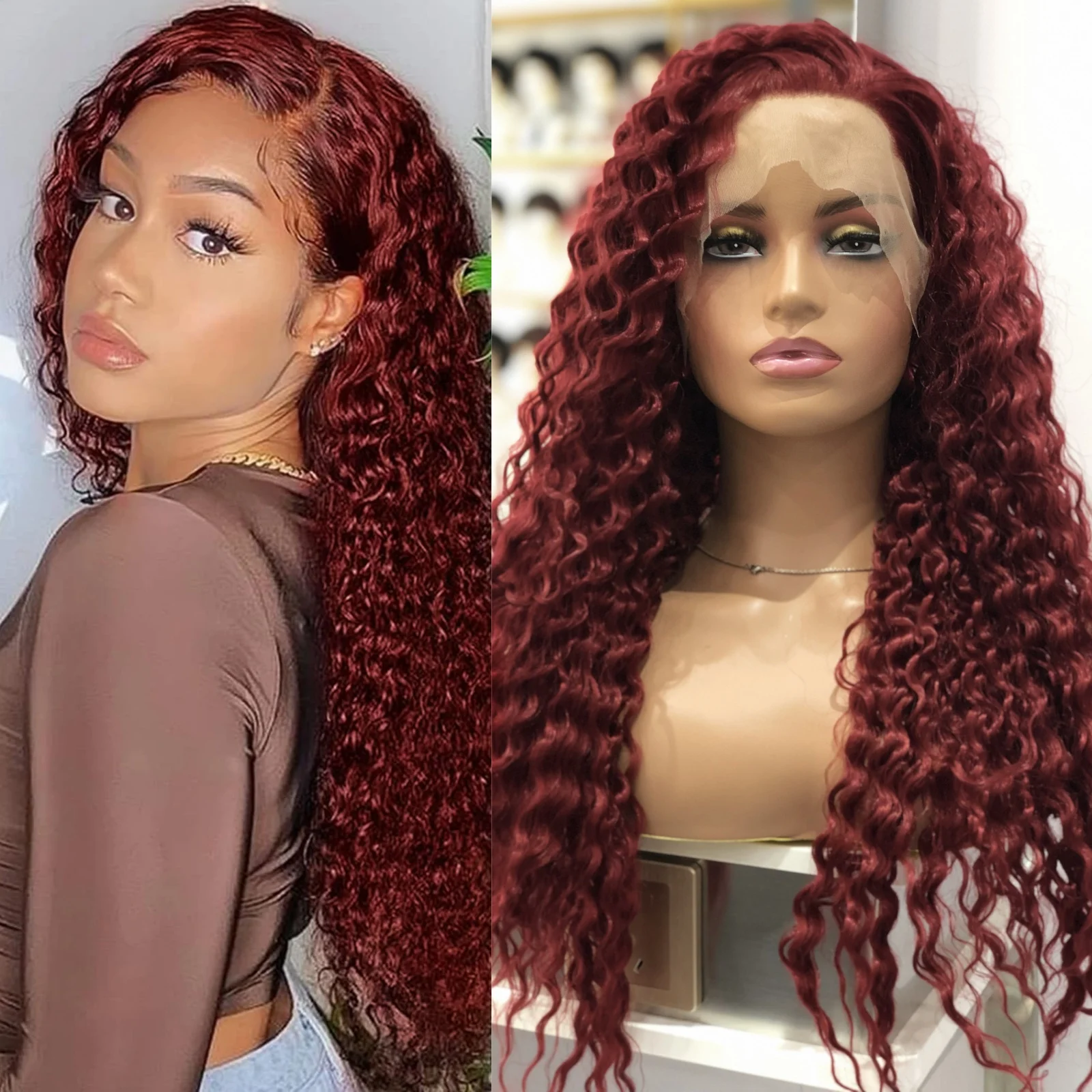 

Red Wig Deep Curly Synthetic Lace Front Wig Glueless Afro Kinky Curly Burgundy Colored Hair Lace Frontal Wigs for Women Party