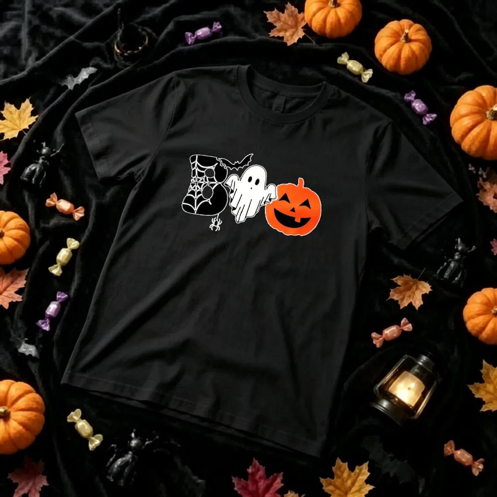Halloween Boo Graphic T‑Shirt Cute Ghost Jack‑O‑Lantern Pumpkin Spider Web Bat Spooky Season Print Crew Neck Tees Casual Tops