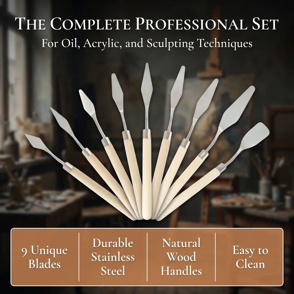 9Pcs Palette Knife Set, Stainless Steel Oil Painting Scrapers for Acrylic & Sculpting, Wood Handle Art Tools – Red/Natural Wood
