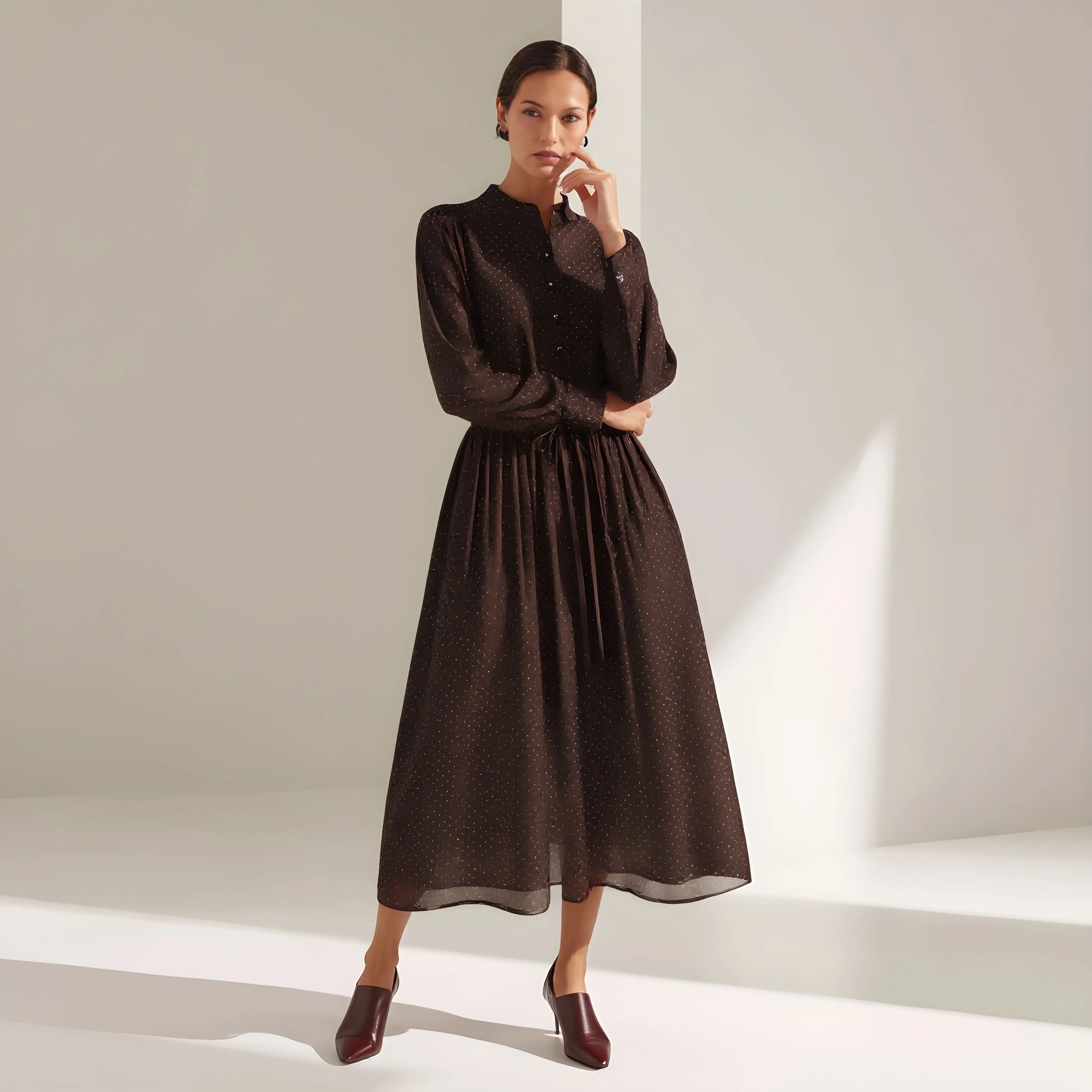 Robe d'hiver coupe ample, décontractée, col rond, mi-longue, jupe trapèze, manches droites, vêtements pour femmes, vêtements d'automne à la mode