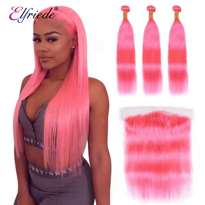 Elfriade-mechones de cabello humano liso con encaje Frontal, mechones de color rosa, brasileño, tramas cosidas, 3 mechones, 13x4