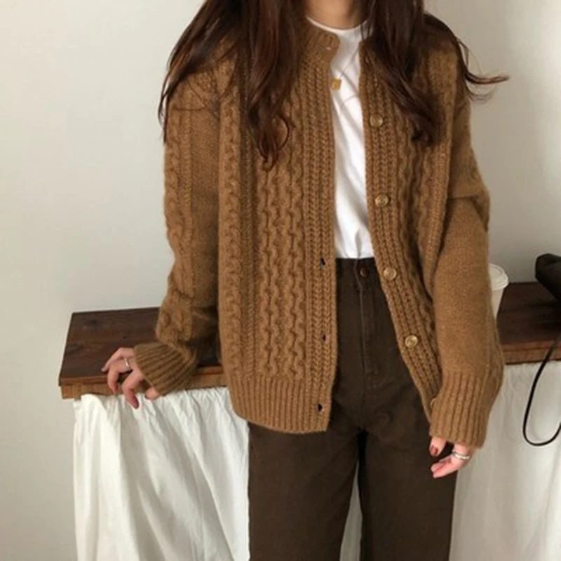 Maglione di cashmere Capispalla Cappotto lavorato a maglia stile britannico vintage allentato O-Collo Top da donna monopetto in tinta unita