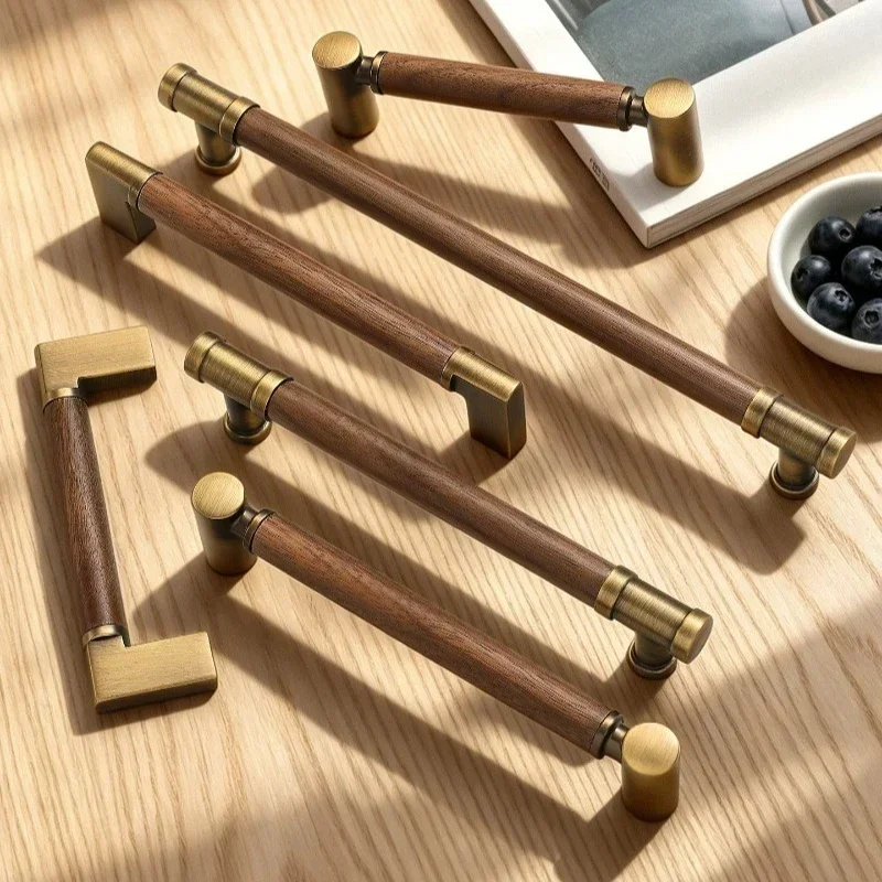 Various Sizes Black Walnut Beech Wooden Handles Gold Kitchen Furniture Door Handles Drawer Knobs Cupboard Brass Cabinet Pulls