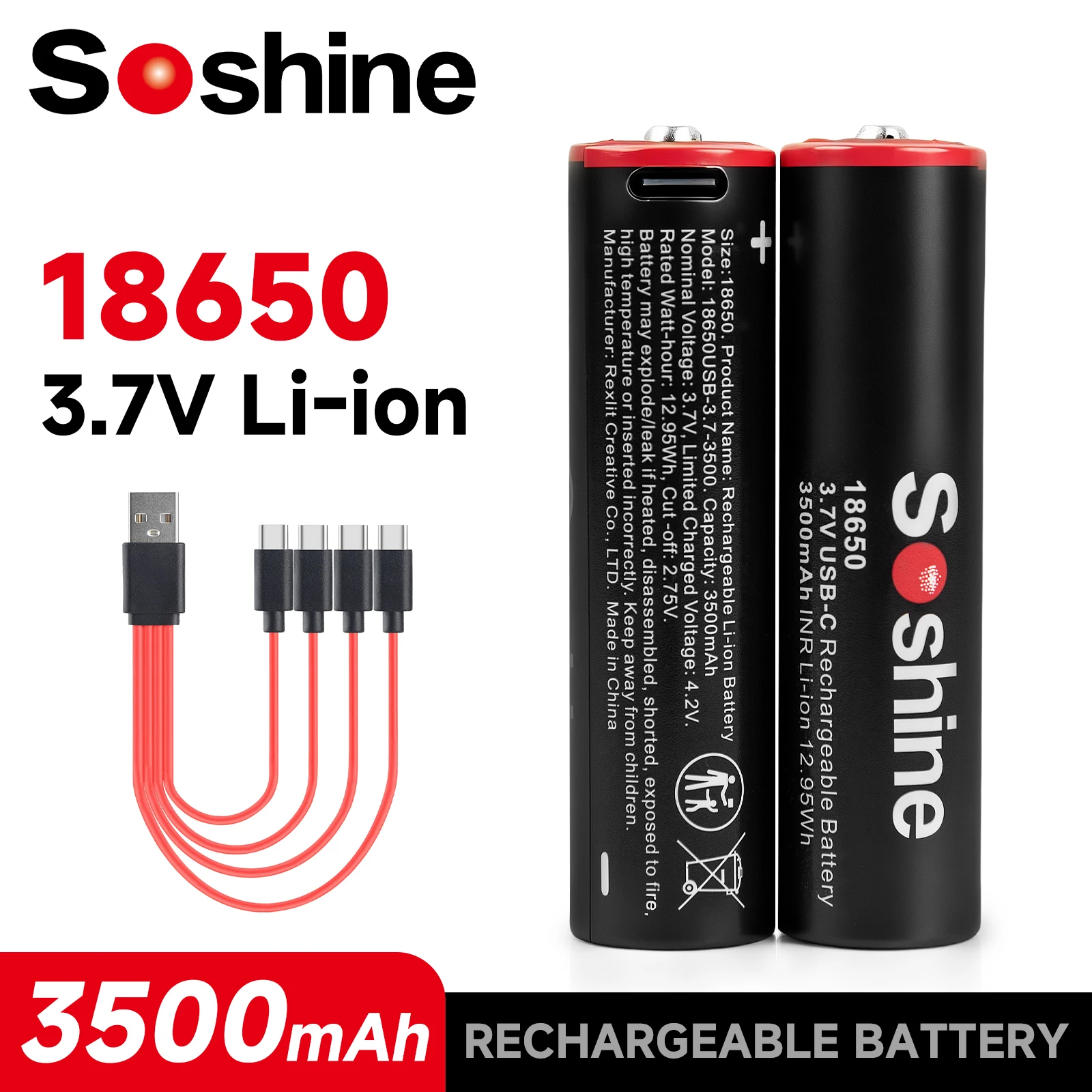 Soshine 18650 3500mAh USB Type-C Rechargeable Battery 3.7V 18650 Lithium-ion Battery with USB Cable for Flashlight Toy Keyboar