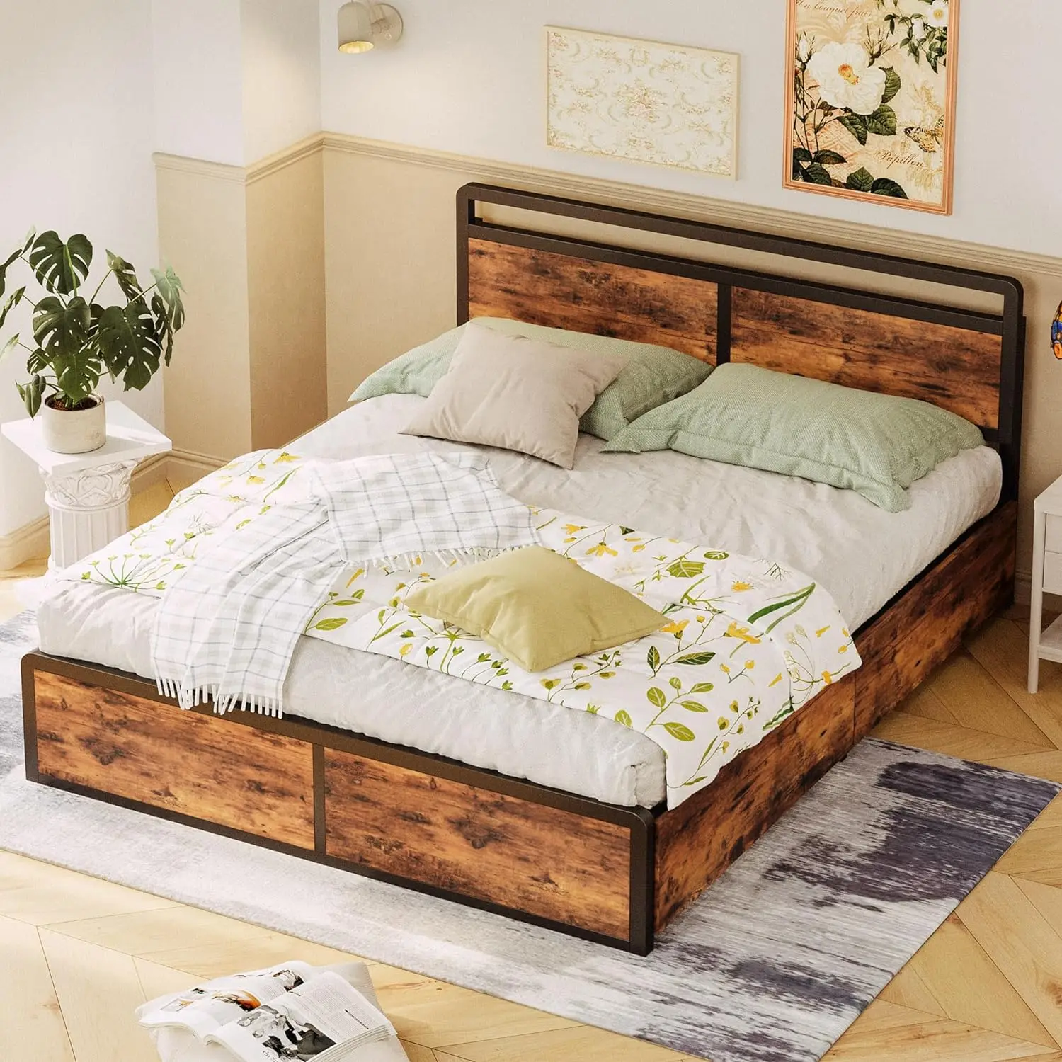 Queen Bed Frame with Storage, Adjustable Headboard and 4 Drawers, Sturdy and Practical, No Noise, No Box Spring Needed