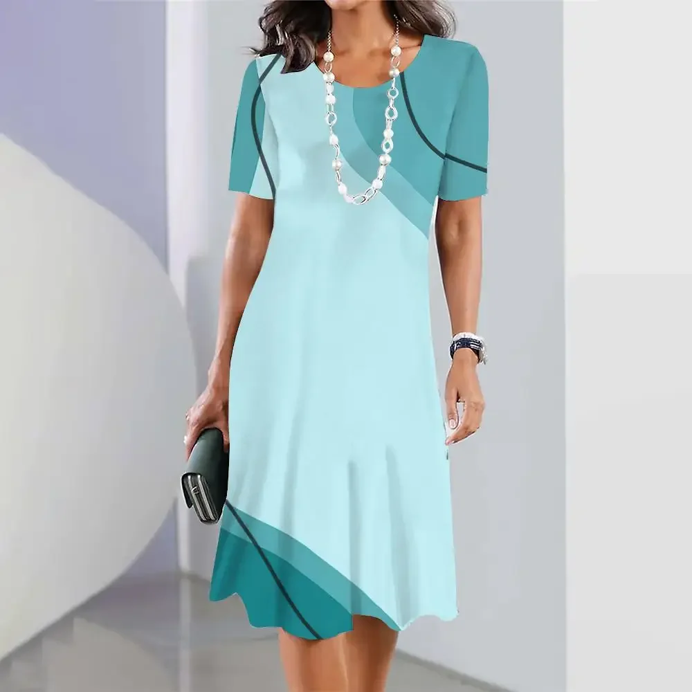 Neue Geometrische Kurve Grafik Druck frauen Kleider Elegante Lose Kurzarm Oansatz Sommer Kleider Weibliche Mode Sommerkleid