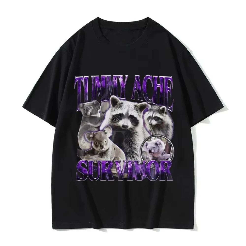 

Tummy Ache Survivor Vintage Raccoon Funny Meme T-shirts Women Casual Oversized Streetwear women Vintage Short Sleeve graphic Y2K