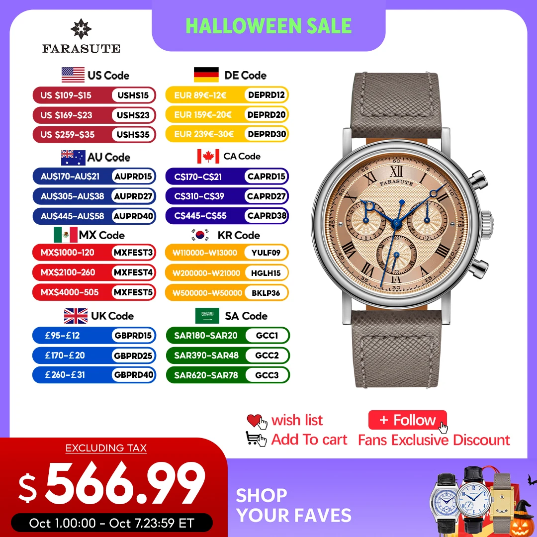 FARASUTE Men Automatic Watch Retro Chronograph Mechanical Watch Sapphire Stainless Steel Three Window Waterproof Peacock 4801
