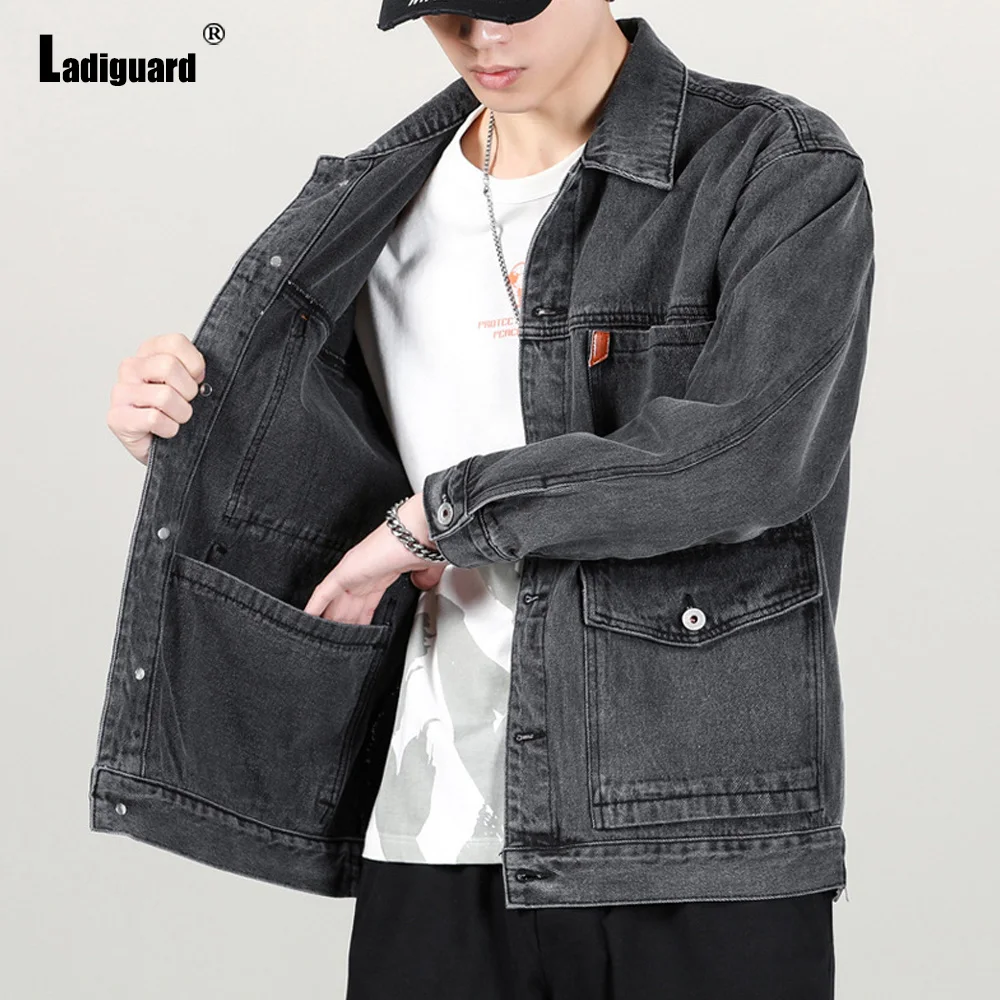 Ladiguard 2024 New Spring Casual Slim Fits Denim Jackets Men Jean Tops Outerwear Korean Fashion Huge Pockets Denim Coats