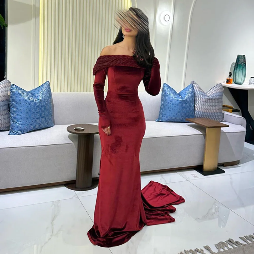 

Prom Gown Mermaid Dress Off Shoulder Long Sleeve Velour Backless Boat Neck Formal Evening Dresses فساتين مناسبة رسمية