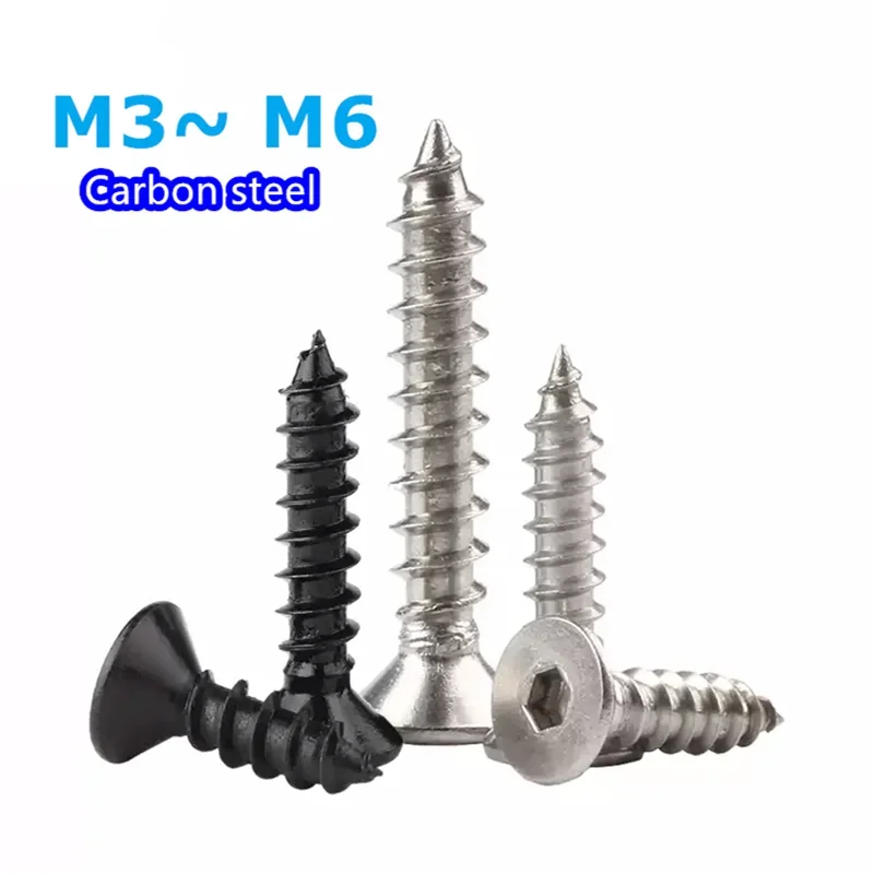 Nickel Plated Black M3-M6 Hex Hexagon Socket Flat Head Self Tapping Screw  Allen Countersunk Head Wood Self-tapping Screw 