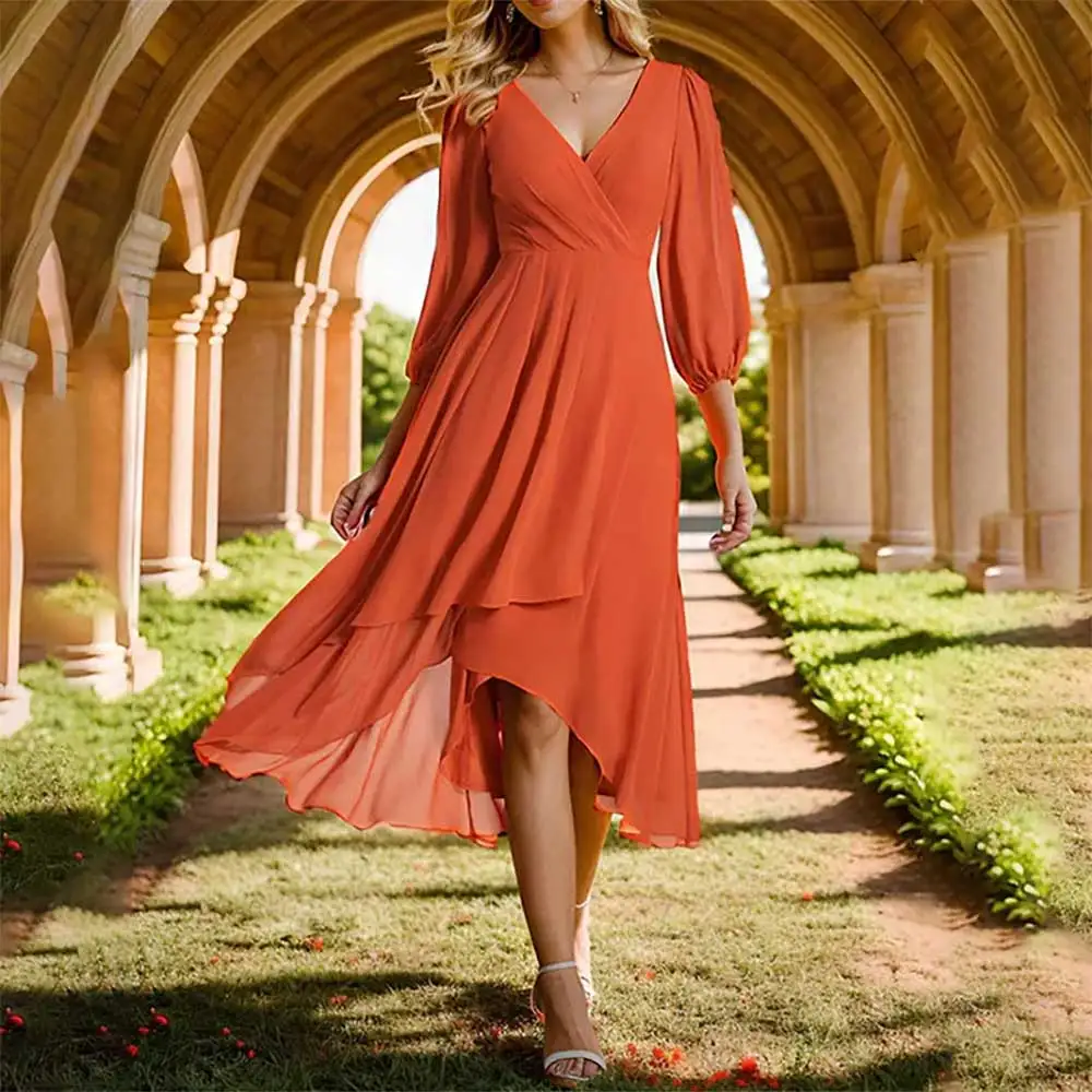 Vestido de noche elegante con cuello en V, vestido de fiesta de graduación de gasa con dobladillo alto y bajo, vestido plisado para cóctel, dama de honor, vestido de invitados de boda 2025
