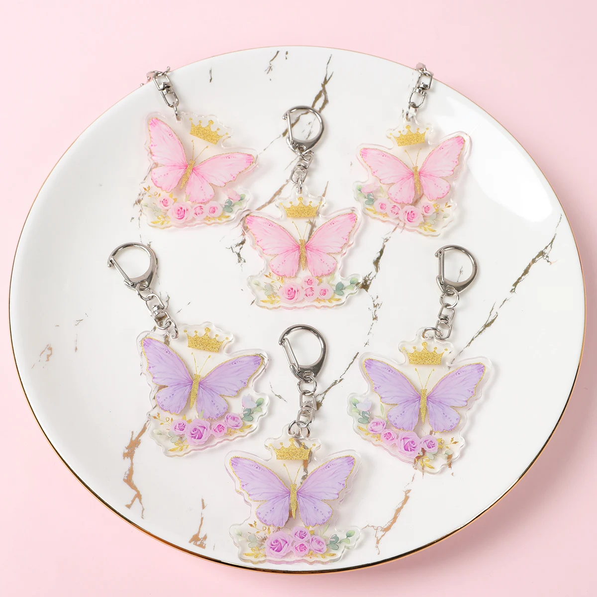 Pink Butterfly Acrylic Pendant Girls Birthday Party Gifts Decoration Purple Butterfly Wedding Birthday Key Chain Favors