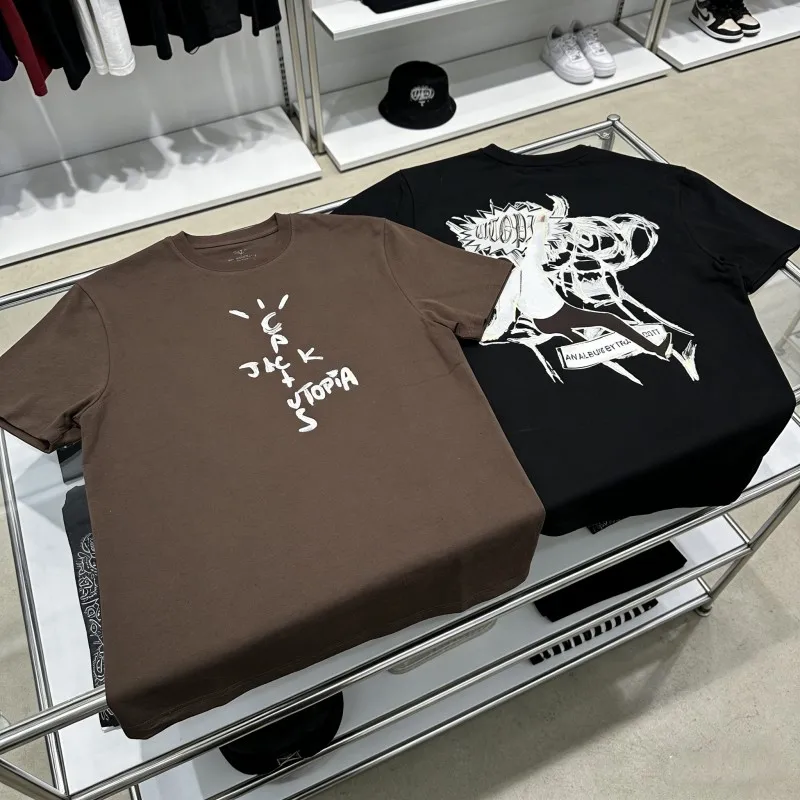 Summer Utopia Cactus Jack Tshirts Retro Graffiti Pattern Falls Down Person Pattern Short Sleeve Street Outfit Men Women Top Tee