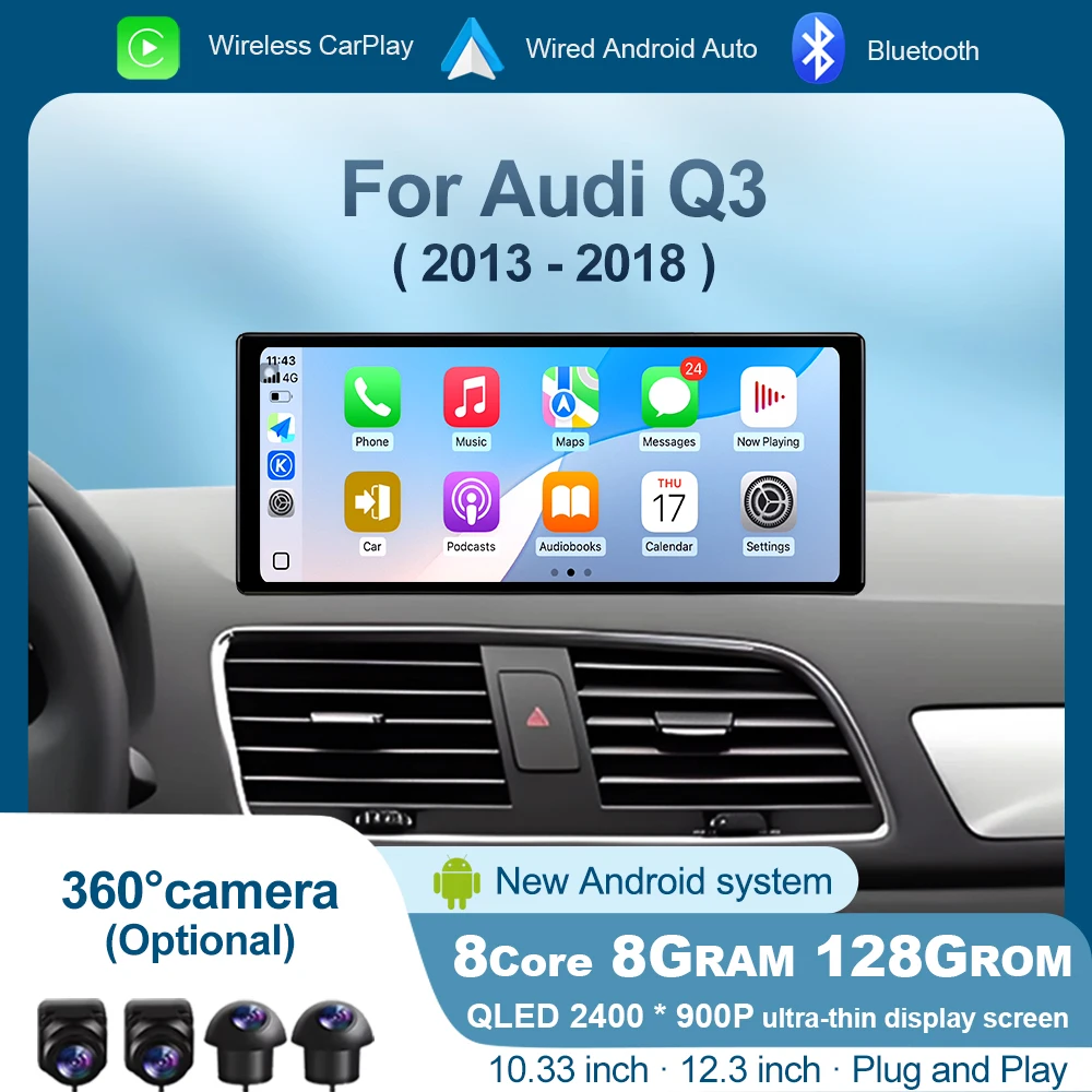 

12.3-дюймовый автомобильный мультимедийный проигрыватель с интеллектуальной системой Android OS для Audi Q3 2013-2018, с поддержкой WiFi, 4G LTE, беспроводного CarPlay и GPS-навигации
