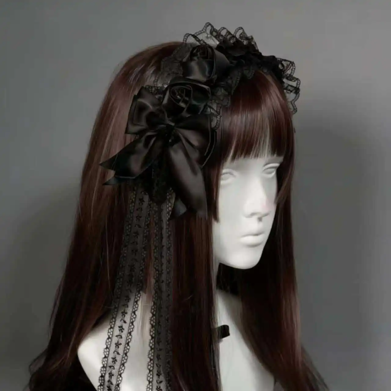 Gothic Lolita Lace Headbands for Women Double Black White Satin Rose Flower Bow with Tassel Elegant Cosplay Hair Accessories view 2