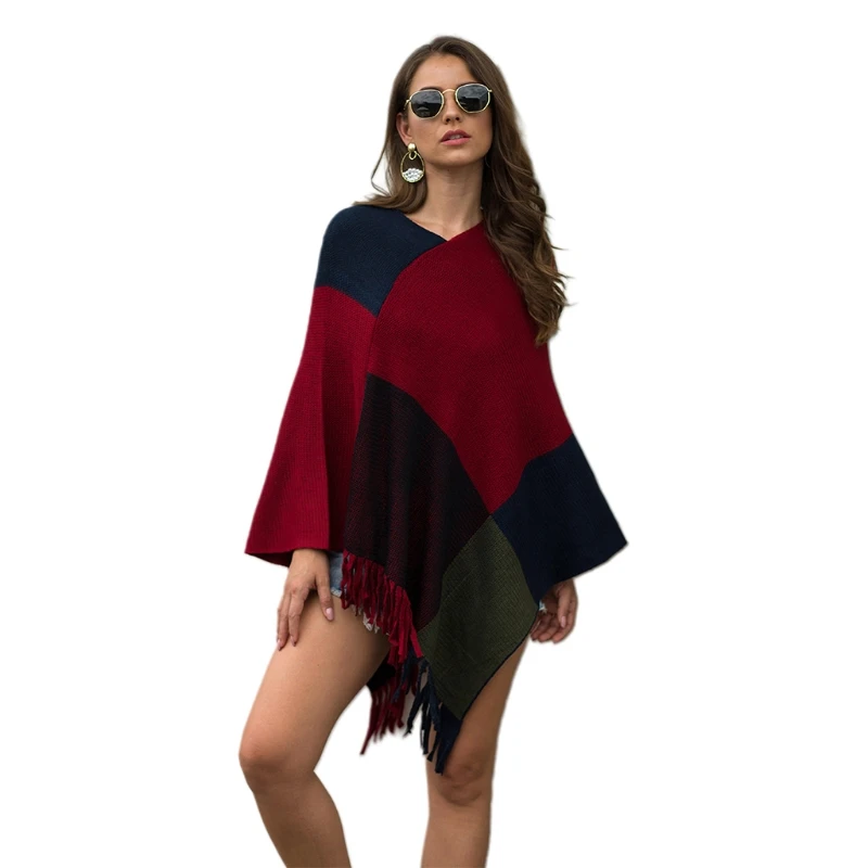 Women Autumn Poncho Cape Asymmetric Tassels Hem Knitted Shawl Scarf Wrap Vintage Fringed Loose Pullover Sweater Top