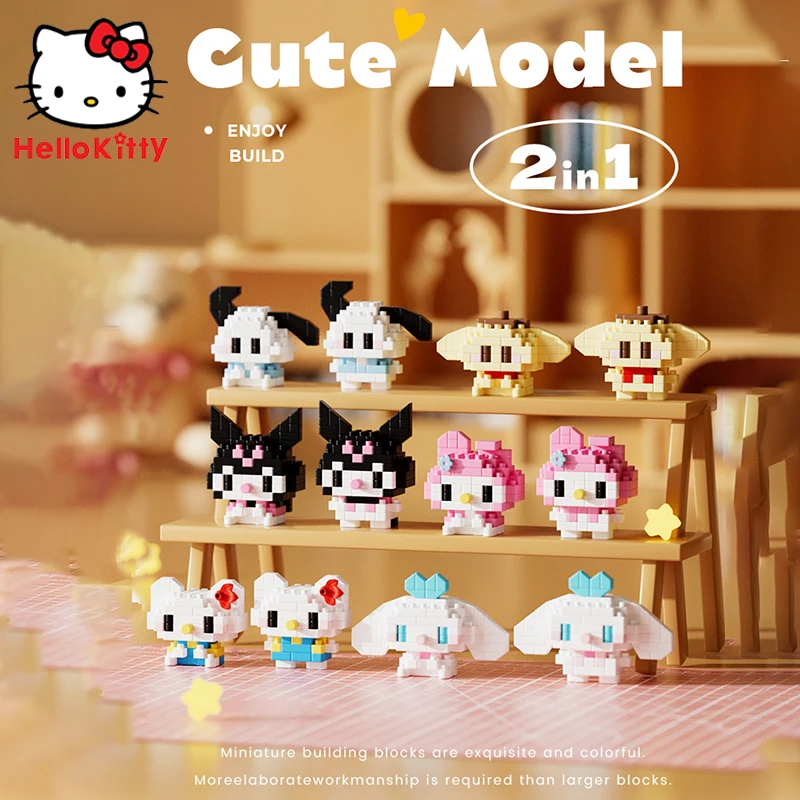 Sanrio Hello Kitty Building Blocks Cartoon Kuromi Cinnamoroll Funny Cute Q Version Action Figure Particle Kids Toys Small Gift