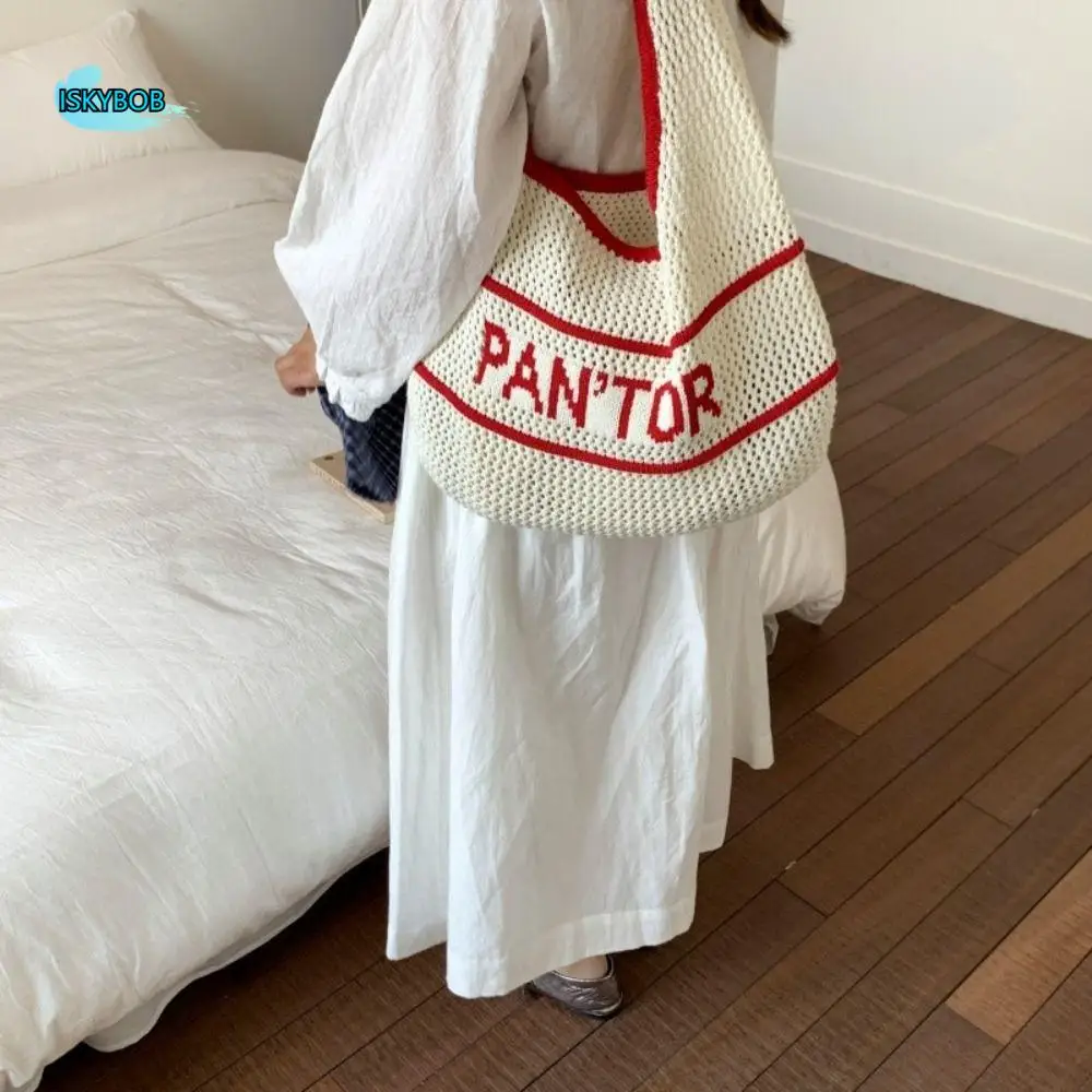 

Solid Color Knitting Shoulder Bag Korean Style Inner Bag Crochet Tote Bag Versatile Large Capacity Casual Woven Handbag Travel