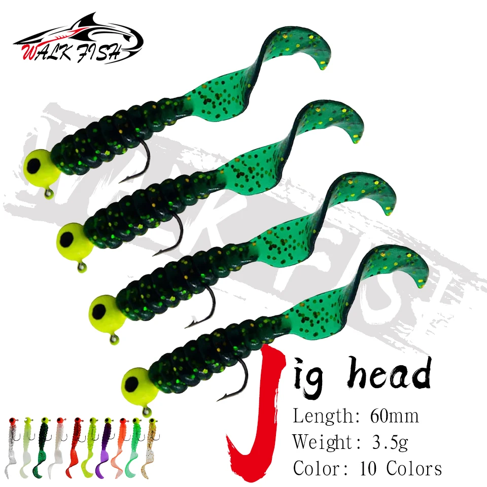 WALK FISH 4 Stück/Set 3,5g 60mm Bleikopf-Jighaken-Köder Rollschwanz-Wurm Künstlicher Köder Angelzubehör Weicher Barsch-Köder Forellen-Angelgerät